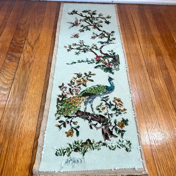 Vintage Needlepoint Peacock Wall Art with Birds, Butterflies & Botanicals - Picture 2 of 11